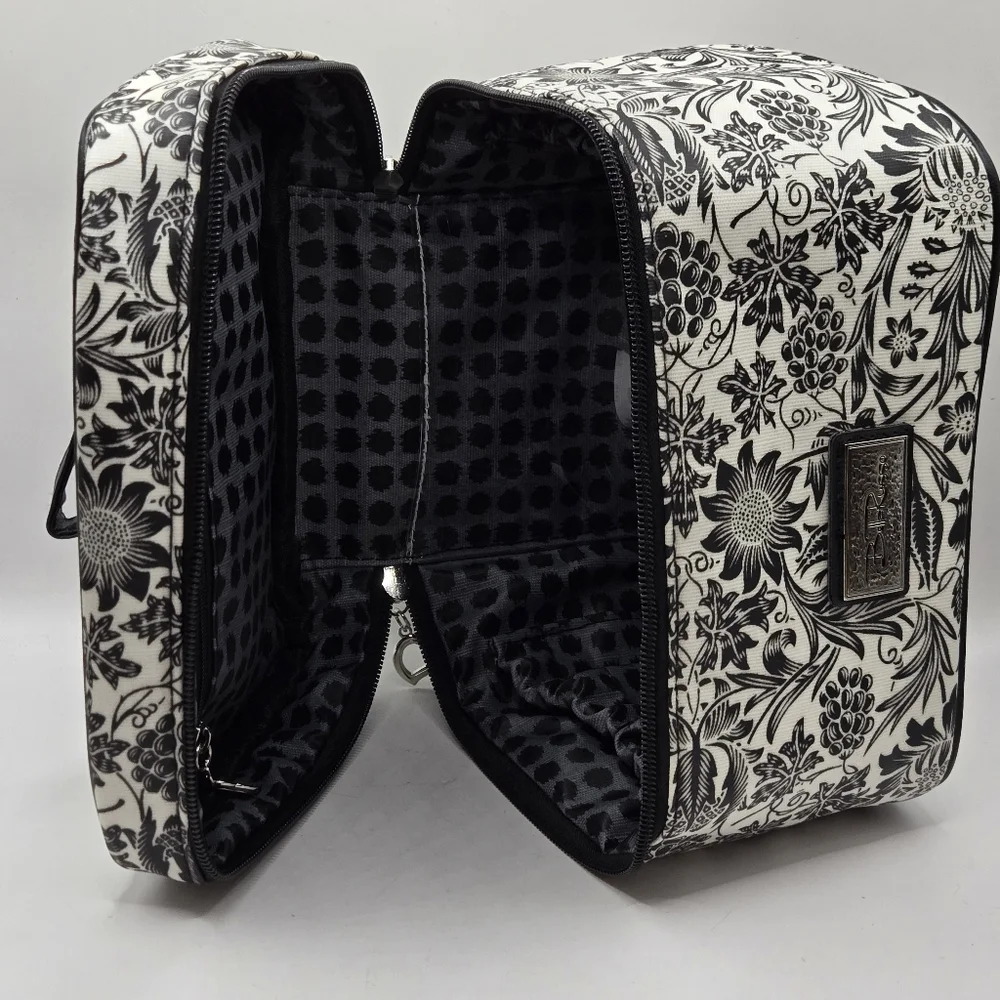 Bella Russo Makeup Bag Black & White Floral Design Zipper Closure Top Handle